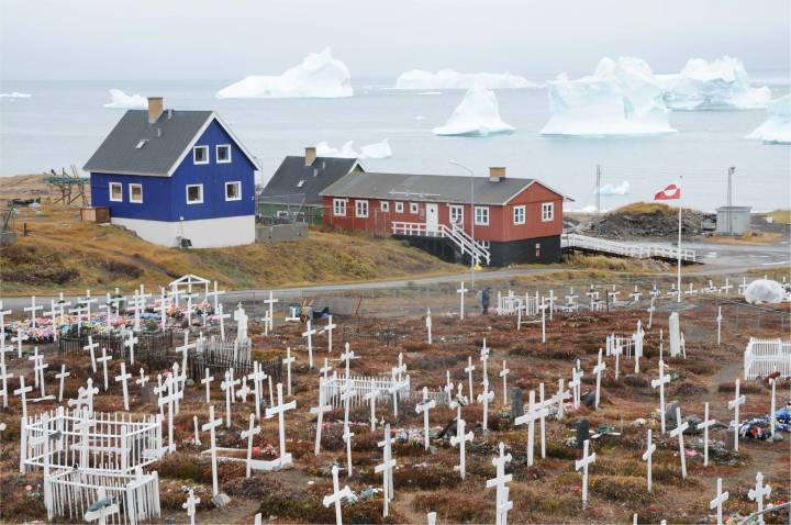 icebergs and houses in Greenland