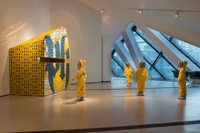 graphic yellow bee hive and figures in beekeeping suits