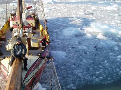 boat sails through pack ice